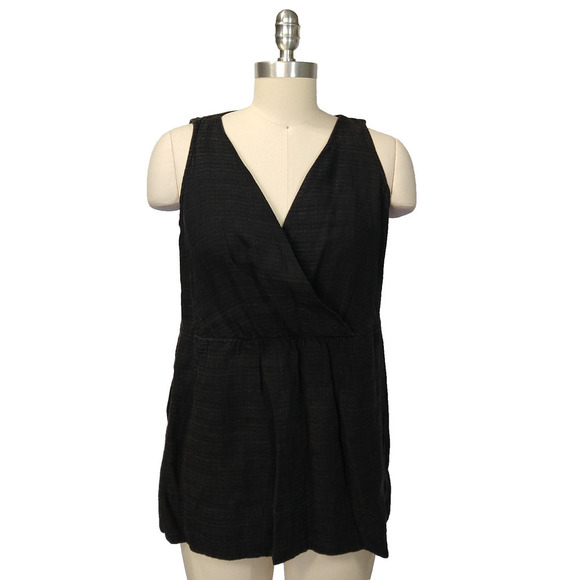 Eileen Fisher Black Sleeveless Faux Wrap Top Size S Linen Blend Textured Pockets - Picture 1 of 7
